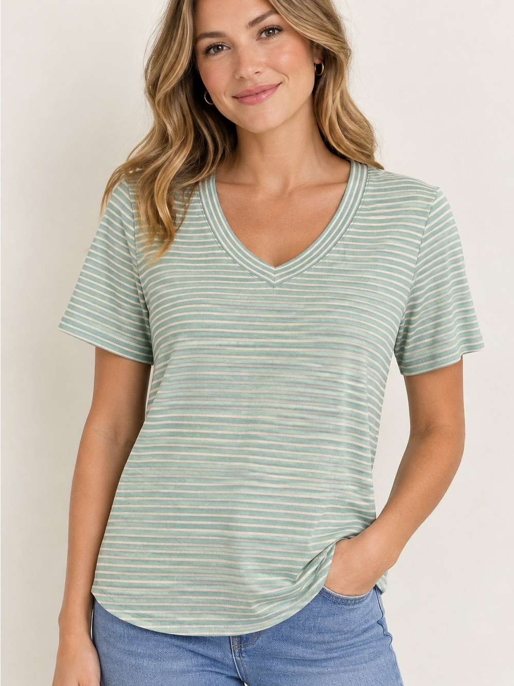 Everyday V-Neck Short Sleeve Tee in turquoise  Stripe 95% cotton